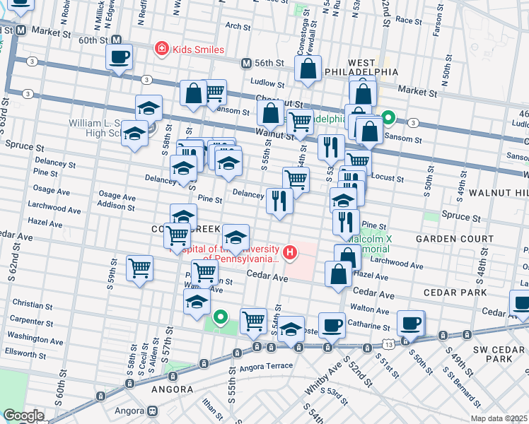 map of restaurants, bars, coffee shops, grocery stores, and more near 5448 Pine Street in Philadelphia