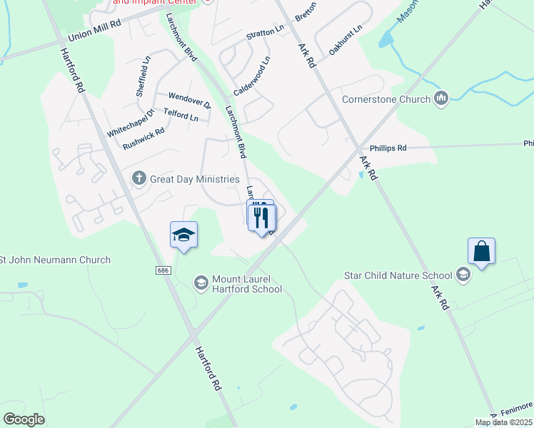 map of restaurants, bars, coffee shops, grocery stores, and more near 1800 Ralston Drive in Mount Laurel Township