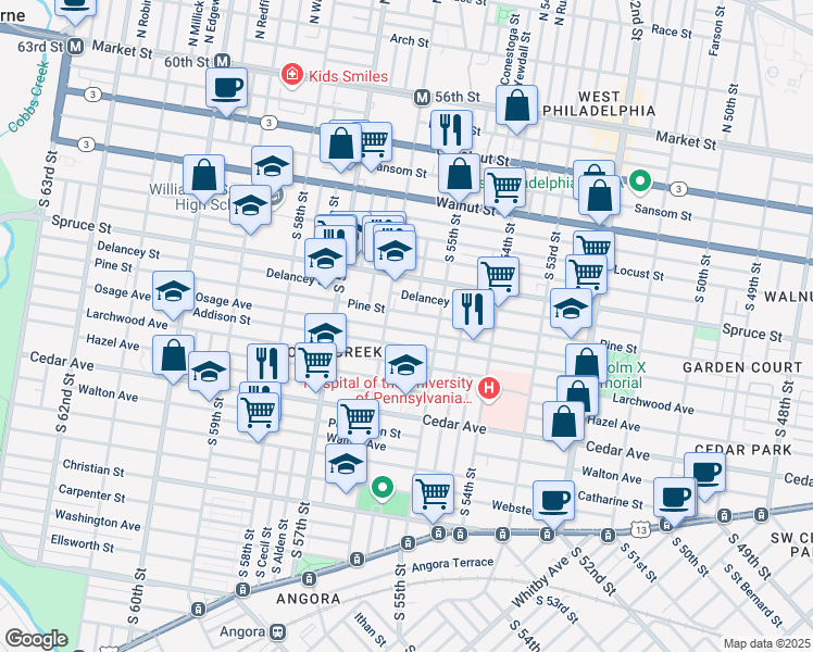 map of restaurants, bars, coffee shops, grocery stores, and more near 5541 Osage Avenue in Philadelphia