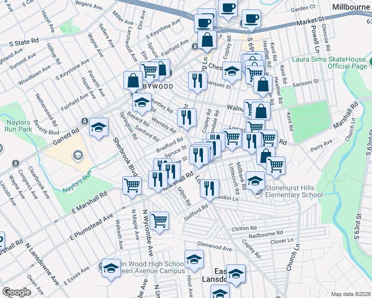 map of restaurants, bars, coffee shops, grocery stores, and more near 7202 Spruce Street in Delaware County