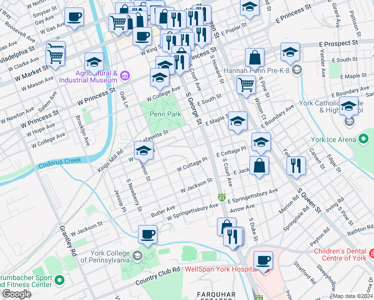 map of restaurants, bars, coffee shops, grocery stores, and more near 60 West Boundary Avenue in York