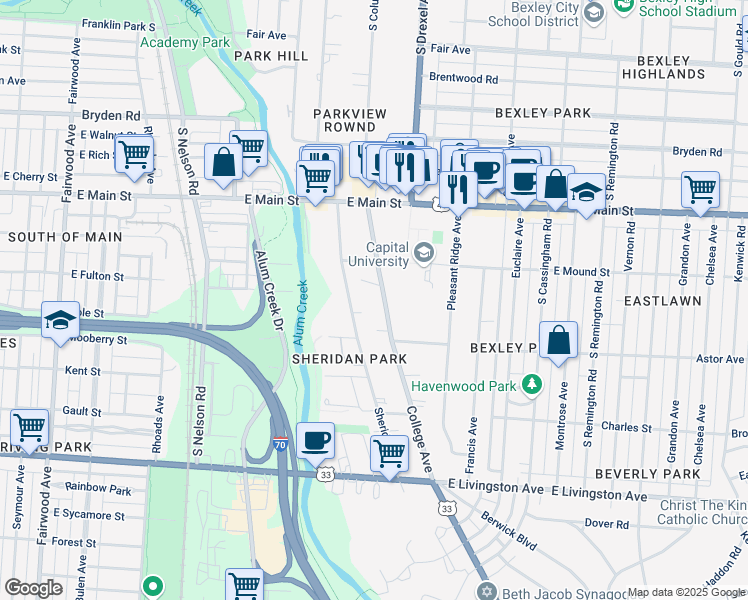 map of restaurants, bars, coffee shops, grocery stores, and more near 709 College Avenue in Columbus