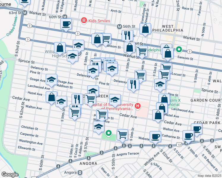 map of restaurants, bars, coffee shops, grocery stores, and more near 417 South 56th Street in Philadelphia