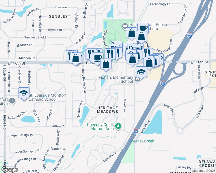 map of restaurants, bars, coffee shops, grocery stores, and more near 8514 Morgan Drive in Fishers
