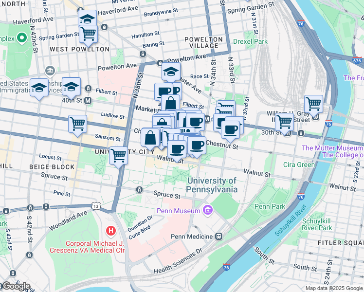 map of restaurants, bars, coffee shops, grocery stores, and more near 3443 Sansom Street in Philadelphia