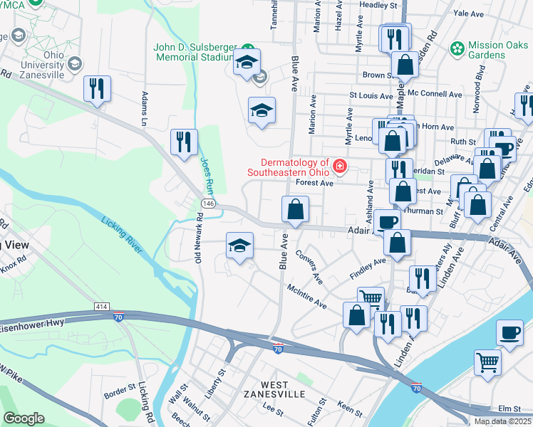 map of restaurants, bars, coffee shops, grocery stores, and more near 1222 Edward Lane in Zanesville