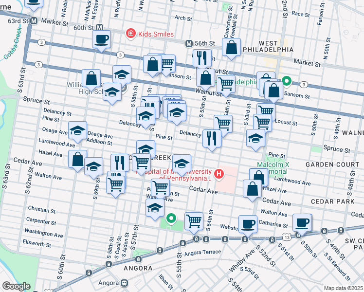 map of restaurants, bars, coffee shops, grocery stores, and more near 5541 Osage Avenue in Philadelphia