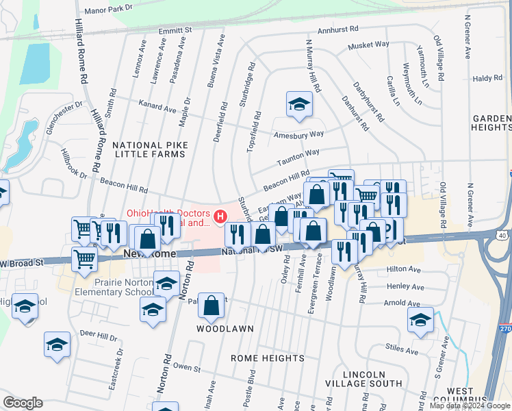 map of restaurants, bars, coffee shops, grocery stores, and more near 5024 Eastham Way in Columbus