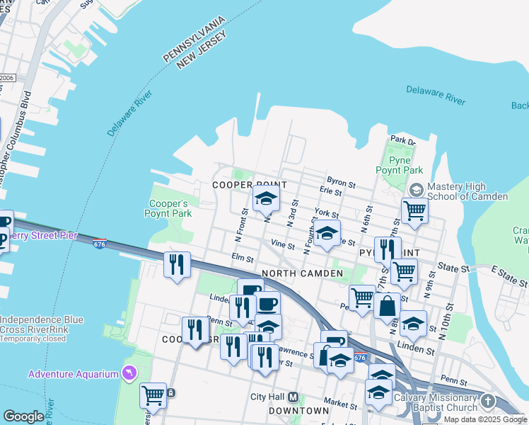 map of restaurants, bars, coffee shops, grocery stores, and more near 811 1/2 North 2nd Street in Camden