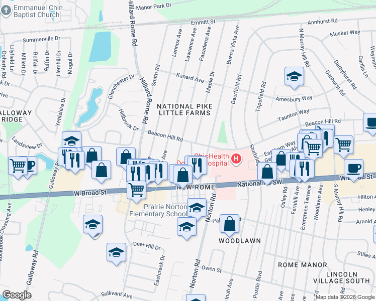 map of restaurants, bars, coffee shops, grocery stores, and more near 109 Maple Drive in Columbus