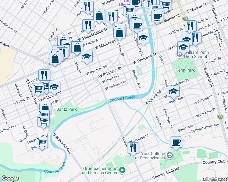map of restaurants, bars, coffee shops, grocery stores, and more near 470 West College Avenue in York