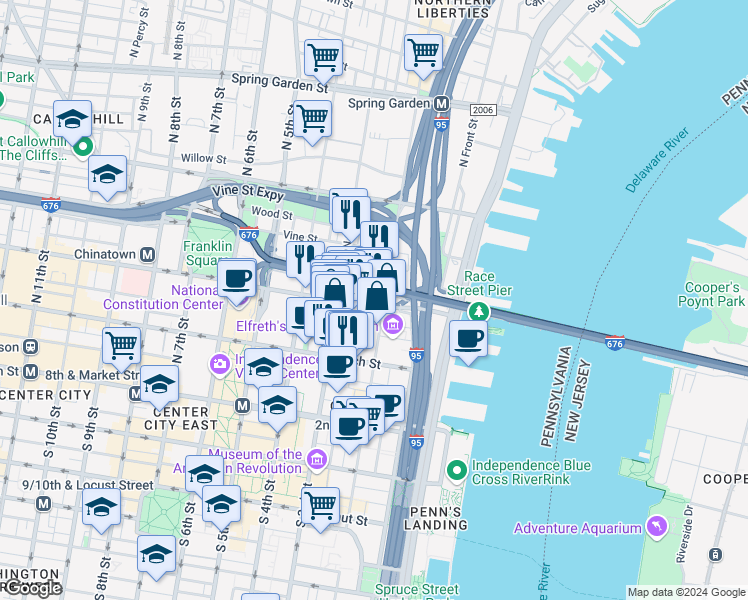 map of restaurants, bars, coffee shops, grocery stores, and more near 205 Race Street in Philadelphia