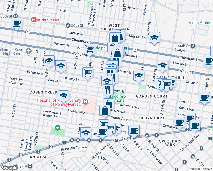 map of restaurants, bars, coffee shops, grocery stores, and more near 5230 Delancey Street in Philadelphia