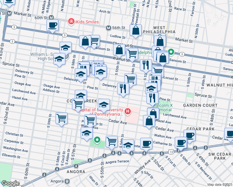 map of restaurants, bars, coffee shops, grocery stores, and more near 5448 Pine Street in Philadelphia