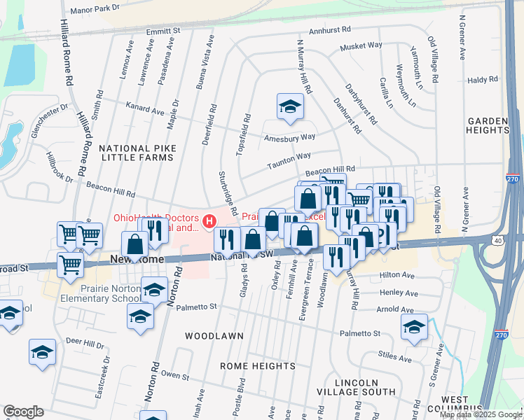 map of restaurants, bars, coffee shops, grocery stores, and more near 4956 Eastham Way in Columbus