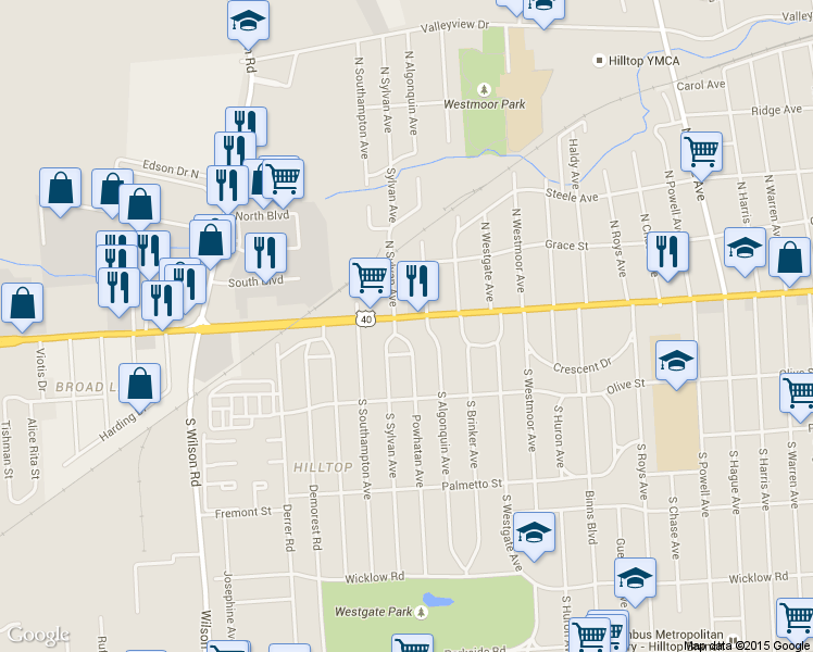 map of restaurants, bars, coffee shops, grocery stores, and more near 3225 West Broad Street in Columbus