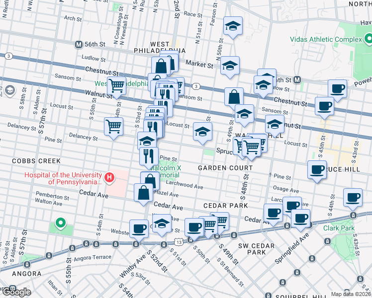 map of restaurants, bars, coffee shops, grocery stores, and more near 5036 Spruce Street in Philadelphia