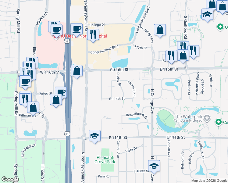 map of restaurants, bars, coffee shops, grocery stores, and more near 11403 Central Drive West in Carmel