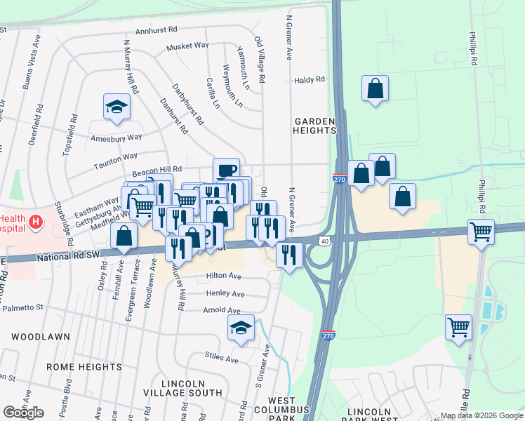 map of restaurants, bars, coffee shops, grocery stores, and more near 123 Old Village Road in Columbus