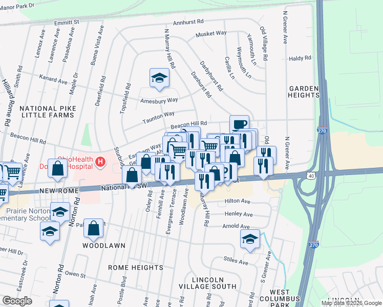 map of restaurants, bars, coffee shops, grocery stores, and more near 91 North Murray Hill Road in Columbus