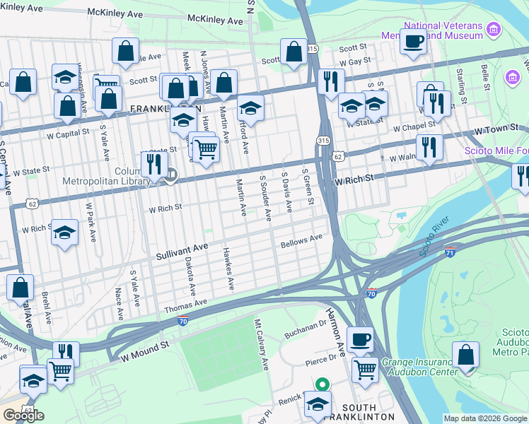 map of restaurants, bars, coffee shops, grocery stores, and more near 267 South Souder Avenue in Columbus