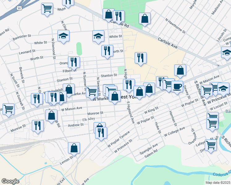 map of restaurants, bars, coffee shops, grocery stores, and more near 25 North Adams Street in West York