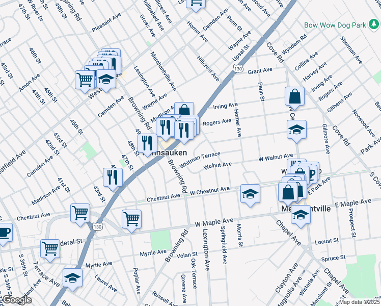 map of restaurants, bars, coffee shops, grocery stores, and more near 5501 Cedar Avenue in Pennsauken Township