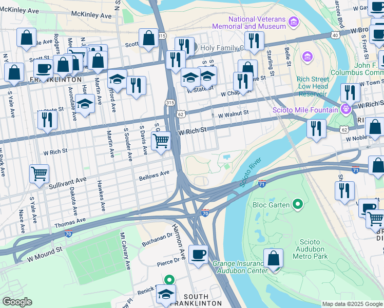map of restaurants, bars, coffee shops, grocery stores, and more near 645 Sullivant Avenue in Columbus
