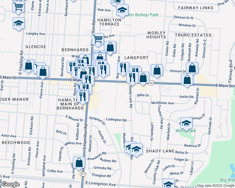 map of restaurants, bars, coffee shops, grocery stores, and more near 4667 East Main Street in Columbus