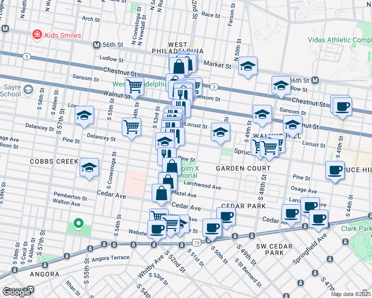 map of restaurants, bars, coffee shops, grocery stores, and more near 5133 Delancey Street in Philadelphia