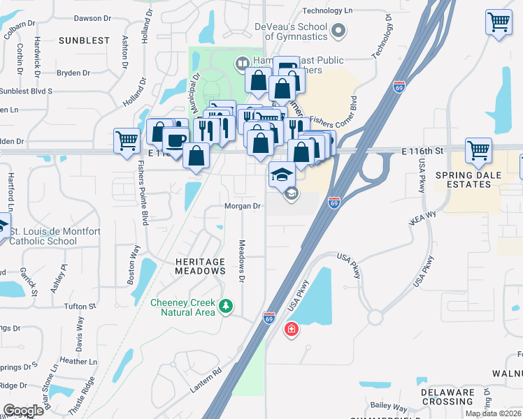 map of restaurants, bars, coffee shops, grocery stores, and more near 8759 Morgan Drive in Fishers