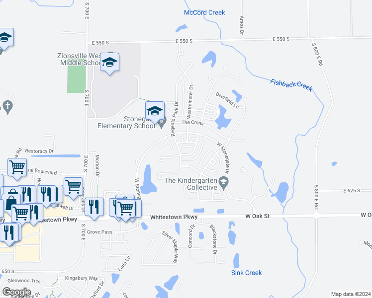 map of restaurants, bars, coffee shops, grocery stores, and more near 6692 Beekman Place in Zionsville