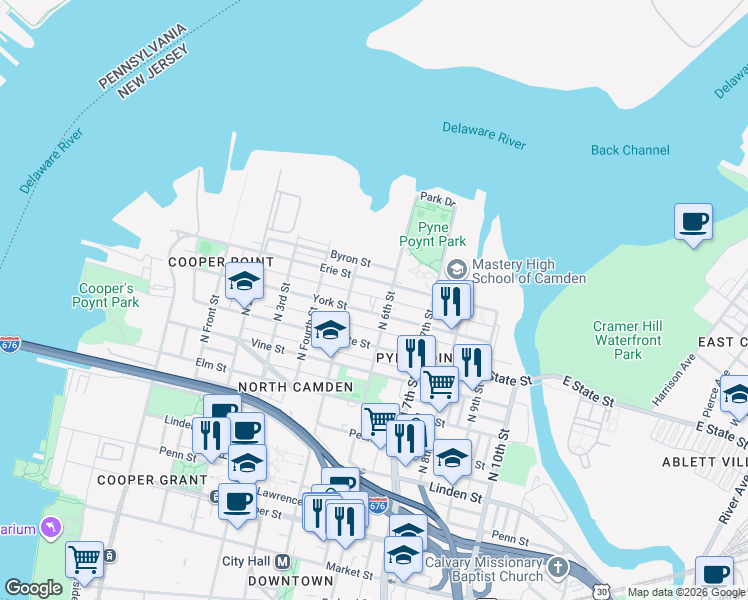map of restaurants, bars, coffee shops, grocery stores, and more near 550 Bailey Street in Camden