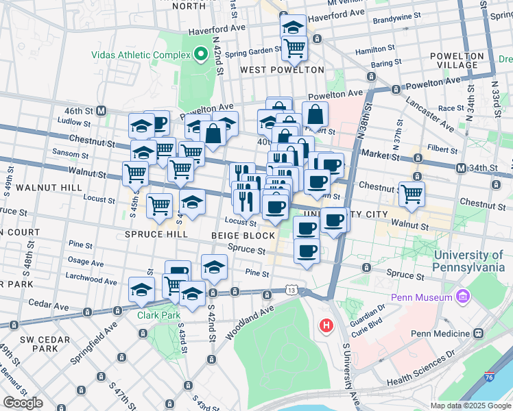 map of restaurants, bars, coffee shops, grocery stores, and more near 4034 Walnut Street in Philadelphia
