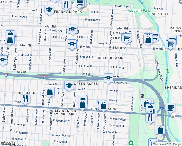 map of restaurants, bars, coffee shops, grocery stores, and more near 626 Berkeley Road in Columbus