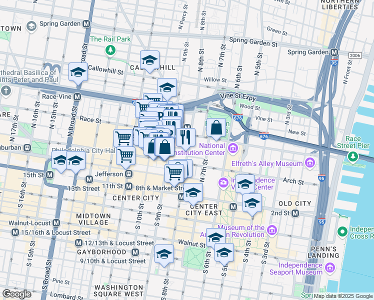 map of restaurants, bars, coffee shops, grocery stores, and more near 800 Cherry Street in Philadelphia