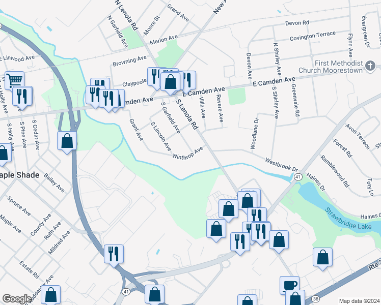map of restaurants, bars, coffee shops, grocery stores, and more near 101 Winthrop Avenue in Moorestown