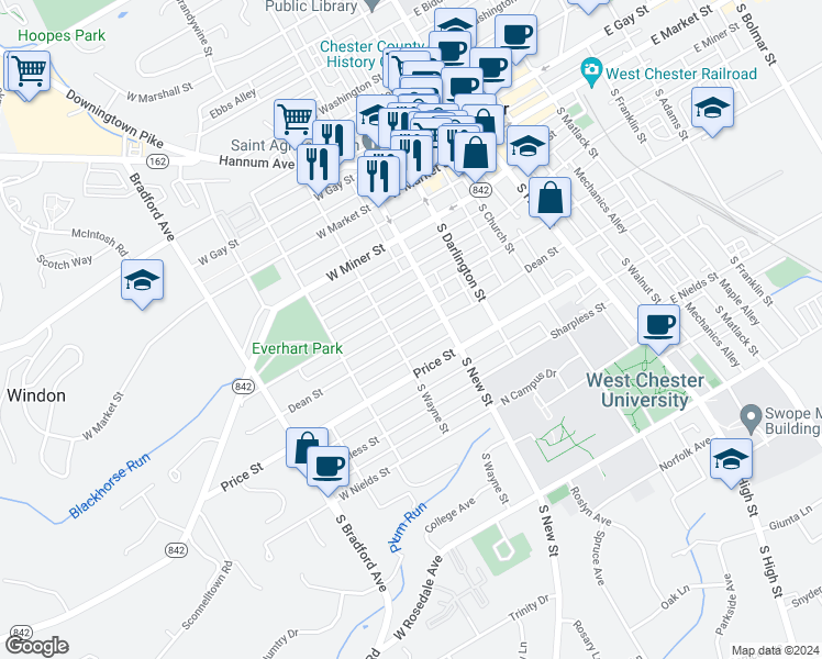 map of restaurants, bars, coffee shops, grocery stores, and more near 327 Dean Street in West Chester