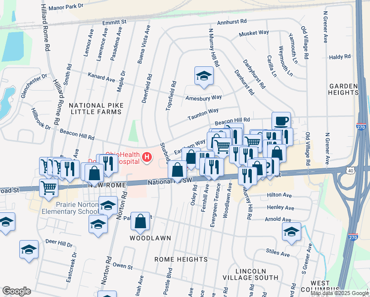 map of restaurants, bars, coffee shops, grocery stores, and more near 4952 Eastham Way in Columbus