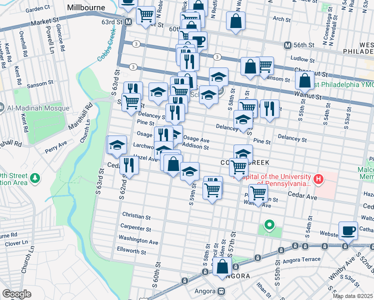 map of restaurants, bars, coffee shops, grocery stores, and more near 5935 Larchwood Avenue in Philadelphia