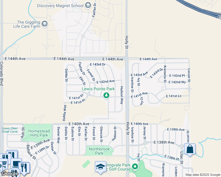 map of restaurants, bars, coffee shops, grocery stores, and more near 14152 Grape Street in Thornton