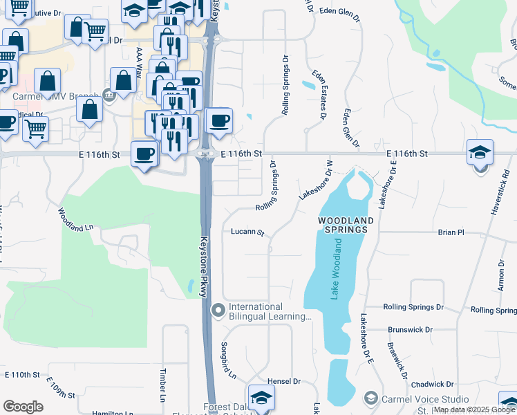 map of restaurants, bars, coffee shops, grocery stores, and more near 11366 Rolling Springs Drive in Carmel