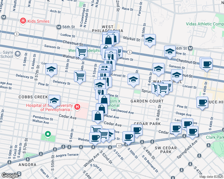 map of restaurants, bars, coffee shops, grocery stores, and more near 5135 Delancey Street in Philadelphia