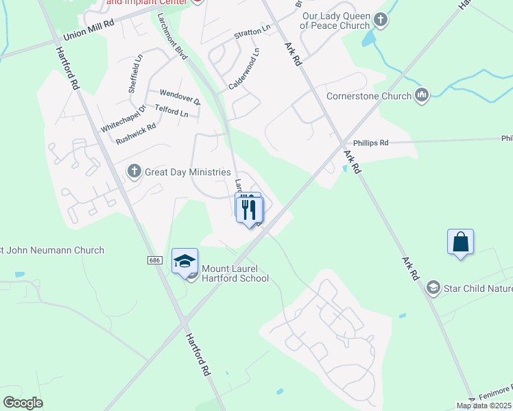 map of restaurants, bars, coffee shops, grocery stores, and more near 1800 Ralston Drive in Mount Laurel Township