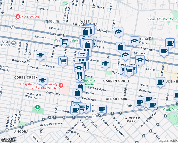 map of restaurants, bars, coffee shops, grocery stores, and more near 5133 Delancey Street in Philadelphia