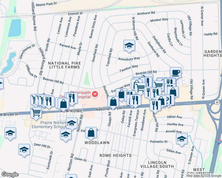 map of restaurants, bars, coffee shops, grocery stores, and more near 5022 Eastham Way in Columbus
