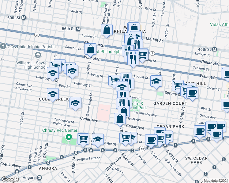 map of restaurants, bars, coffee shops, grocery stores, and more near 327 South 53rd Street in Philadelphia