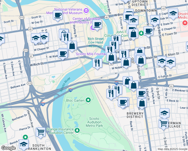 map of restaurants, bars, coffee shops, grocery stores, and more near 280 West Mound Street in Columbus