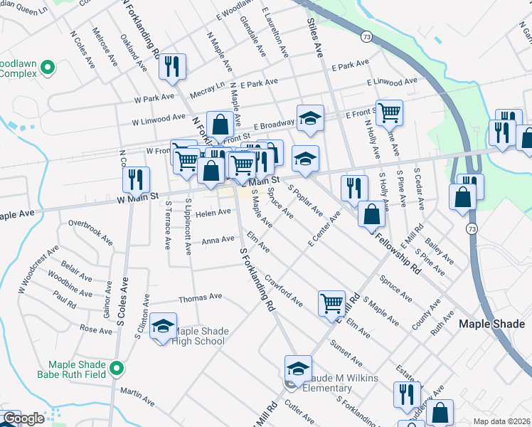 map of restaurants, bars, coffee shops, grocery stores, and more near 53 South Maple Avenue in Maple Shade