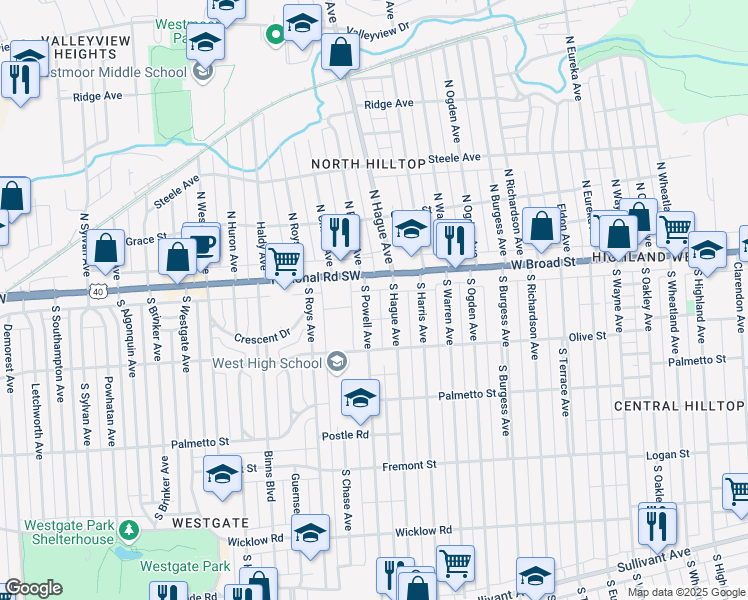 map of restaurants, bars, coffee shops, grocery stores, and more near 36-38 South Powell Avenue in Columbus